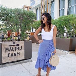 Chicwish blue and white ruffle striped skirt.